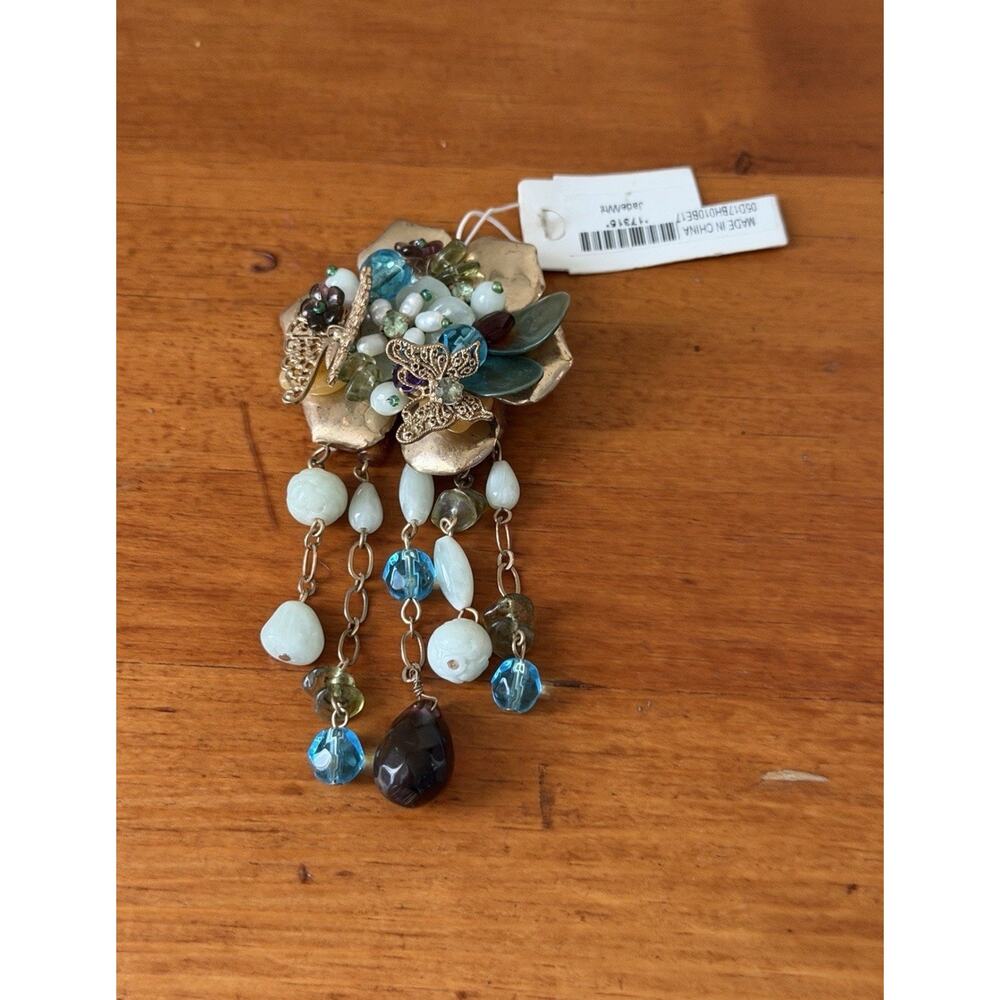 Laila Rowe Floral Butterfly Brooch Gold Tone Beaded Dangle Statement NWT - Picture 12 of 12